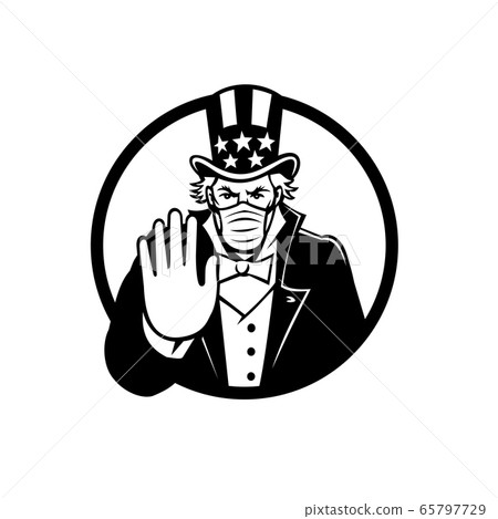 Uncle Sam Wearing Mask Stop Hand Signal Black and Uncle Sam Wearing Mask Stop Hand Signal Black and 65797729