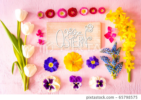 Spring Flat Lay, Flowers, Sign, Calligraphy Frohe 65798575