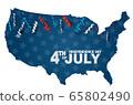 4th of July banner in a shape of the United States map territory. USA Independence day celebration backdrop. 65802490