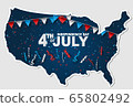 4th of July banner in a shape of the United States map territory. USA Independence day celebration backdrop. 65802492
