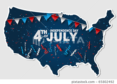 4th of July banner in a shape of the United States map territory. USA Independence day celebration backdrop. 65802492