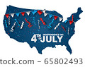 4th of July banner in a shape of the United States map territory. USA Independence day celebration backdrop.  65802493