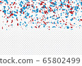 4th of July American Independence day backdrop with confetti scattered paper in blue, red, and white traditional colors on transparent background. 65802499