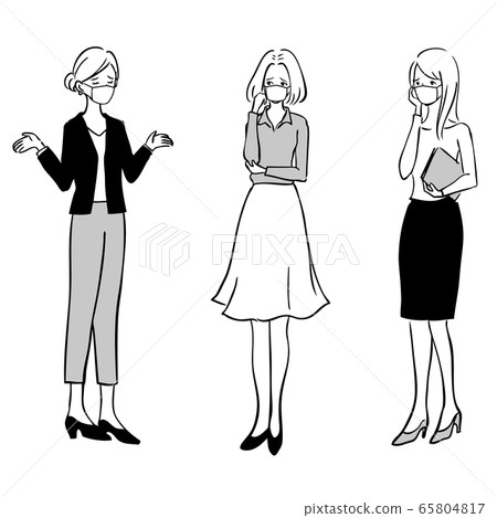 Black and white illustration of a troubled woman wearing a mask 65804817