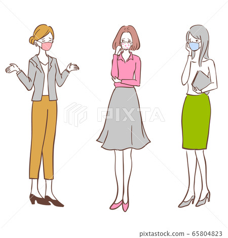 Illustration of a troubled face of a working woman wearing a handmade mask 65804823