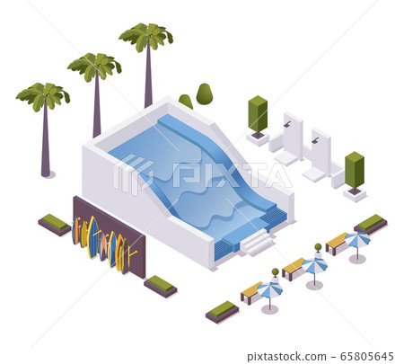 Wave pool for surfing training isometric scene. 65805645
