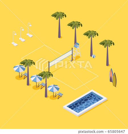 Scene with beach volleyball net, palms, chairs and 65805647