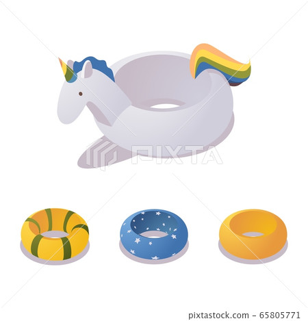 Isometric unicorn swimming ring. Set of colorful Isometric unicorn swimming ring. Set of colorful 65805771