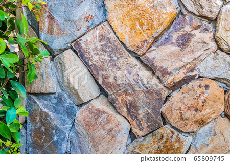 Beautiful background of closeup brown gray stone wall with green leaves on the left side. Ideal for use in the design or wallpaper 65809745