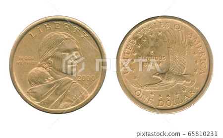Sacagawea one dollar coin of the United States isolated on a white background. Obverse and reverse. Sacagawea one dollar coin of the United States isolated on a white background. Obverse and reverse. 65810231