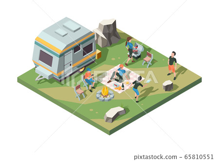 Outdoor picnic party. Camper fire place tent camp barbecue party table for food street grill pork and sausage vector isometric scene 65810551