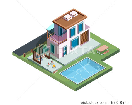 Outdoor patio. Wooden exterior terrace in garden with relax place luxury picnic barbecue cooking vector isometric kitchen Outdoor patio. Wooden exterior terrace in garden with relax place luxury picnic barbecue cooking vector isometric kitchen 65810553