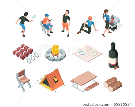 Bbq party. People relax picnic outdoor barbecue fresh products eating persons family playing vector isometric Bbq party. People relax picnic outdoor barbecue fresh products eating persons family playing vector isometric 65810554