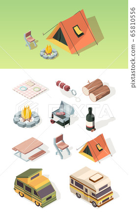 Barbecue isometric. Picnic table bbq steak camper van product party on nature fire and tent vector pictures set Barbecue isometric. Picnic table bbq steak camper van product party on nature fire and tent vector pictures set 65810556