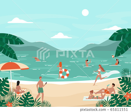 Cartoon Color Characters People Having Fun on The Beach Concept. Vector Cartoon Color Characters People Having Fun on The Beach Concept. Vector 65811551