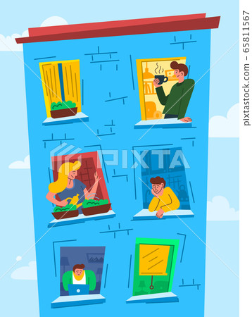 Cartoon Color Characters People in Windows Concept. Vector 65811567