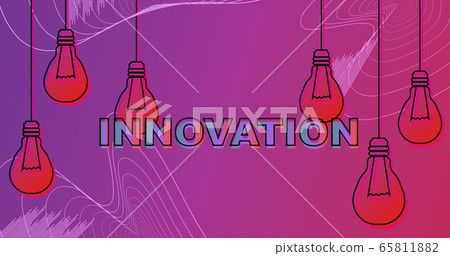 Hanging light bulbs and word INNOVATION on purple gradient background, vector illustration Hanging light bulbs and word INNOVATION on purple gradient background, vector illustration 65811882