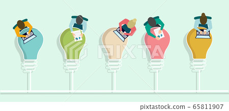 Top view of office employees working at tables shaped as light bulbs, vector illustration in flat style Top view of office employees working at tables shaped as light bulbs, vector illustration in flat style 65811907