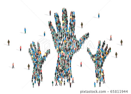 Silhouettes of hands made from people mob on white background, vector illustration in flat style 65811944