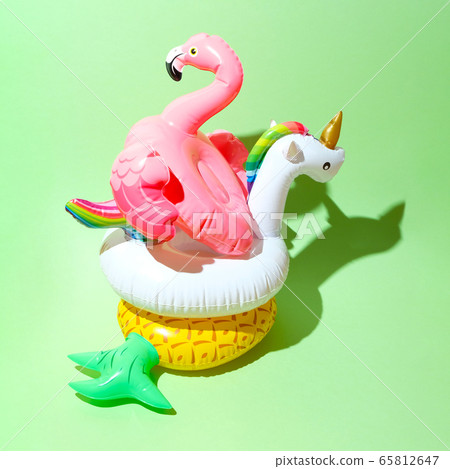 Unicorn, flamingo and pineapple swim tube on green Unicorn, flamingo and pineapple swim tube on green 65812647