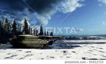 A military tank in the middle of a winter field shoots at an enemy target. Special operation of the military. 3D Rendering. A military tank in the middle of a winter field shoots at an enemy target. Special operation of the military. 3D Rendering. 65812723