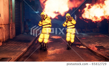 Men in yellow protective suits disinfect the city's infected territory with a flamethrower. People in bacteriological suits and gas masks. 3D Rendering. Men in yellow protective suits disinfect the city's infected territory with a flamethrower. People in bacteriological suits and gas masks. 3D Rendering. 65812729