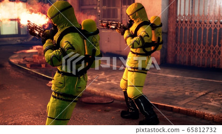 Men in yellow protective suits disinfect the city's infected territory with a flamethrower. People in bacteriological suits and gas masks. 3D Rendering. Men in yellow protective suits disinfect the city's infected territory with a flamethrower. People in bacteriological suits and gas masks. 3D Rendering. 65812732