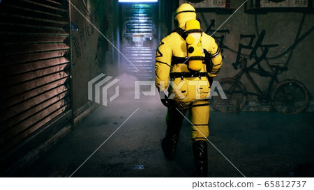 A medic in a bacteriological protection suit returns home. Man in yellow protective suits and gas masks. 3D Rendering. A medic in a bacteriological protection suit returns home. Man in yellow protective suits and gas masks. 3D Rendering. 65812737