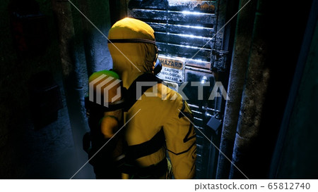 Medics in a suit of bacteriological protection came to the infected patient. Men in yellow protective suits and gas masks. 3D Rendering. Medics in a suit of bacteriological protection came to the infected patient. Men in yellow protective suits and gas masks. 3D Rendering. 65812740