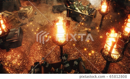 The arsenal of weapons. Bullets, boxes of explosives. Military boxes with weapons and ammunition. The military warehouse is filled with weapons for the upcoming war conflict. 3D Rendering. 65812808