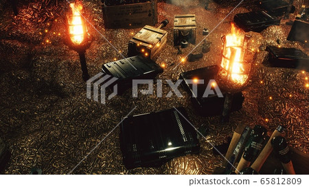 The arsenal of weapons. Bullets, boxes of explosives. Military boxes with weapons and ammunition. The military warehouse is filled with weapons for the upcoming war conflict. 3D Rendering. 65812809