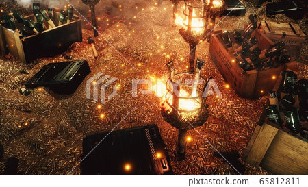 The arsenal of weapons. Bullets, boxes of explosives. Military boxes with weapons and ammunition. The military warehouse is filled with weapons for the upcoming war conflict. 3D Rendering. The arsenal of weapons. Bullets, boxes of explosives. Military boxes with weapons and ammunition. The military warehouse is filled with weapons for the upcoming war conflict. 3D Rendering. 65812811