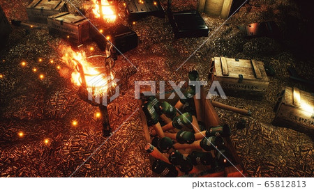 The arsenal of weapons. Bullets, boxes of explosives. Military boxes with weapons and ammunition. The military warehouse is filled with weapons for the upcoming war conflict. 3D Rendering. 65812813
