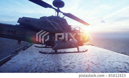 Military helicopters take off from an aircraft carrier in the early morning. 3D Rendering. Military helicopters take off from an aircraft carrier in the early morning. 3D Rendering. 65812815