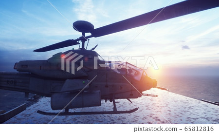 Military helicopters take off from an aircraft carrier in the early morning. 3D Rendering. Military helicopters take off from an aircraft carrier in the early morning. 3D Rendering. 65812816