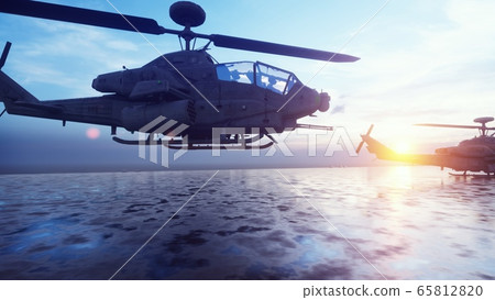 Military helicopters take off from an aircraft carrier in the early morning. 3D Rendering. Military helicopters take off from an aircraft carrier in the early morning. 3D Rendering. 65812820