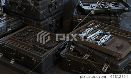 Boxes with modern weapons and ammunition in a military warehouse. 3D Rendering. 65812824