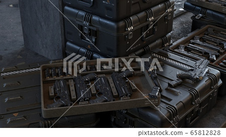Boxes with modern weapons and ammunition in a military warehouse. 3D Rendering. 65812828