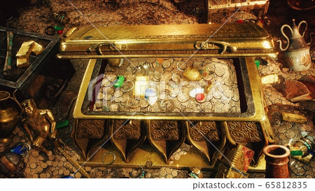 Pirate treasures in a dark cave. Old coins, diamonds, and gold treasures. A lot of jewelry made of gold statuettes, precious stones, bracelets and chests. 3D Rendering. Pirate treasures in a dark cave. Old coins, diamonds, and gold treasures. A lot of jewelry made of gold statuettes, precious stones, bracelets and chests. 3D Rendering. 65812835