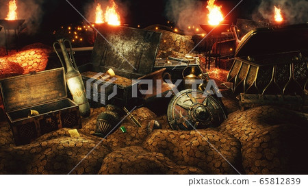 Pirate treasures in a dark cave. Old coins, diamonds, and gold treasures. A lot of jewelry made of gold statuettes, precious stones, bracelets and chests. 3D Rendering. Pirate treasures in a dark cave. Old coins, diamonds, and gold treasures. A lot of jewelry made of gold statuettes, precious stones, bracelets and chests. 3D Rendering. 65812839