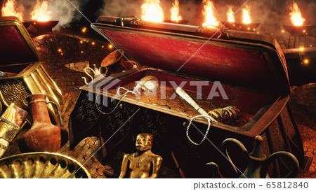 Pirate treasures in a dark cave. Old coins, diamonds, and gold treasures. A lot of jewelry made of gold statuettes, precious stones, bracelets and chests. 3D Rendering. Pirate treasures in a dark cave. Old coins, diamonds, and gold treasures. A lot of jewelry made of gold statuettes, precious stones, bracelets and chests. 3D Rendering. 65812840