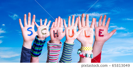 Children Hands Building Word Schule Means School, Children Hands Building Word Schule Means School, 65813049