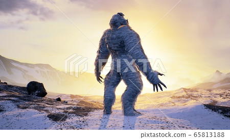 Sasquatch in the snowy mountains on a beautiful fog winter morning. Bigfoot in the mountains. Illustration for fabulous, fiction or fantasy backgrounds. 3D Rendering. Sasquatch in the snowy mountains on a beautiful fog winter morning. Bigfoot in the mountains. Illustration for fabulous, fiction or fantasy backgrounds. 3D Rendering. 65813188