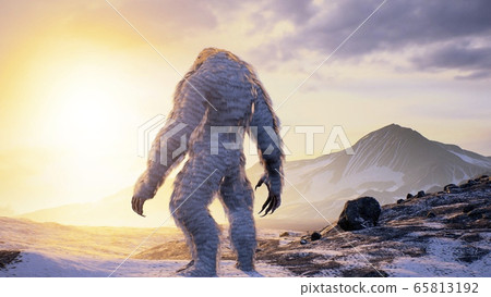 Bigfoot in the snowy mountains on a beautiful winter morning. Yeti in the mountains. Illustration for fabulous, fiction or fantasy backgrounds. 3D Rendering. 65813192