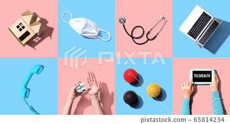 Telehealth theme flatlay with overhead tiles Telehealth theme flatlay with overhead tiles 65814234