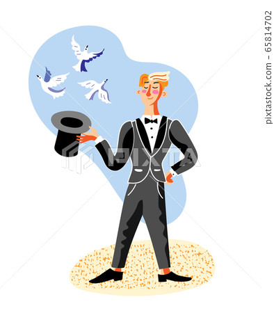 Illusionist making tricks with hat and pigeons 65814702