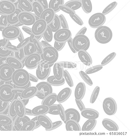 Indian rupee coins falling. Scattered black and wh 65816017