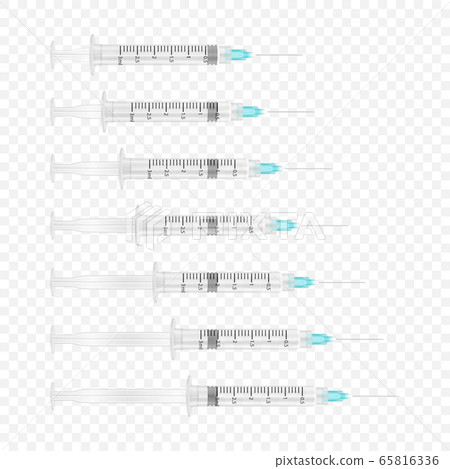 Vector 3d Realistic Blank Empty Syringe Icon Set Closeup Isolated on Transparent Backgound. Medical concept, Design Template, Mockup, Vaccine and Vaccination 65816336