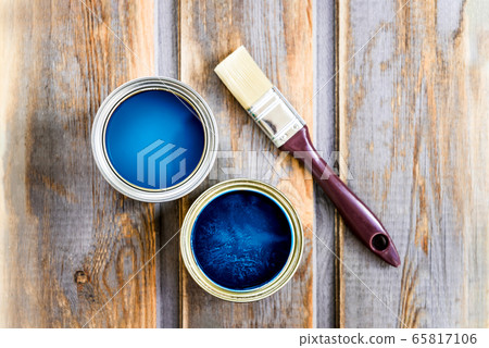 Wooden Box with Brush, and Open Cans of Blue Paint 65817106