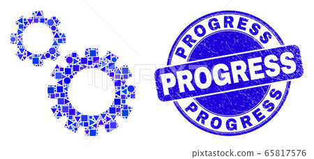 Blue Grunge Progress Stamp Seal and Gears Mosaic 65817576